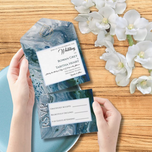 Tout En Un Sea Blues Alcohol Ink Wedding Invitation Elegance (Créateur téléchargé)