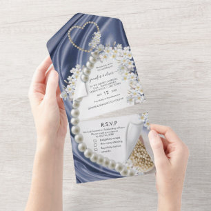 Tout En Un Soie Bleue et Perles sur une seule Invitation de M