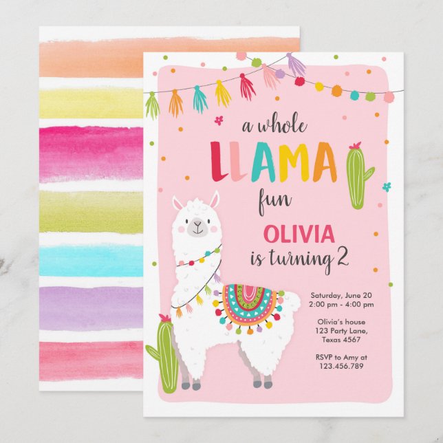 Toute la llama amusant invitation anniversaire Alp (Devant / Derrière)
