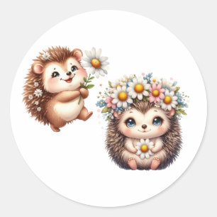 Tow cuteRomantic Floral Hedgehog Duo Illustration Classic Round Sticker