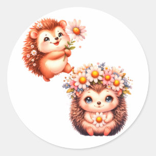 Tow cuteRomantic Floral Hedgehog Duo Illustration Classic Round Sticker
