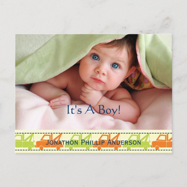 Tow Truck Baby Boy Announcement Postcard (Front)