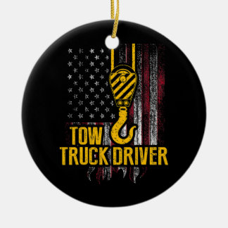 Tow Truck Driver USA Flag Funny Trucker Ceramic Ornament
