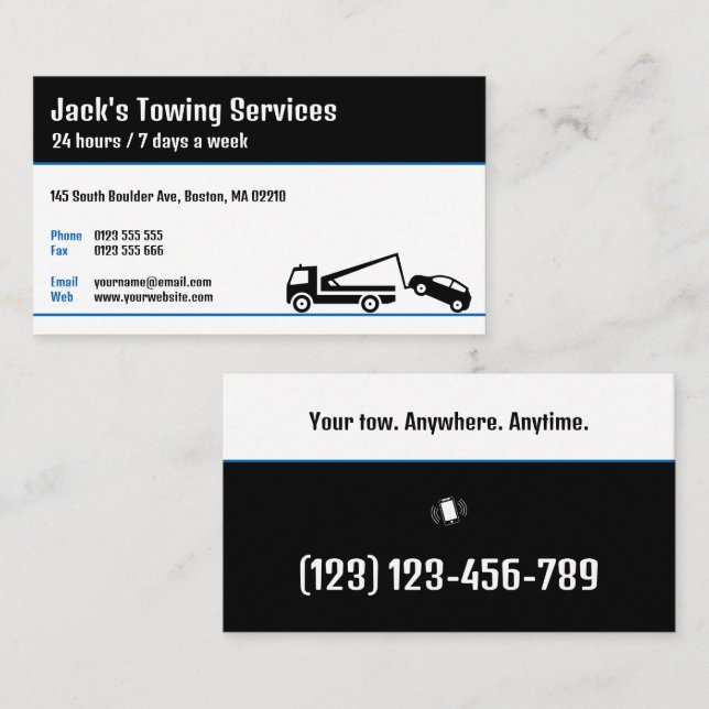 Tow Truck Services | Your tow Anywhere Anytime Business Card (Front/Back)