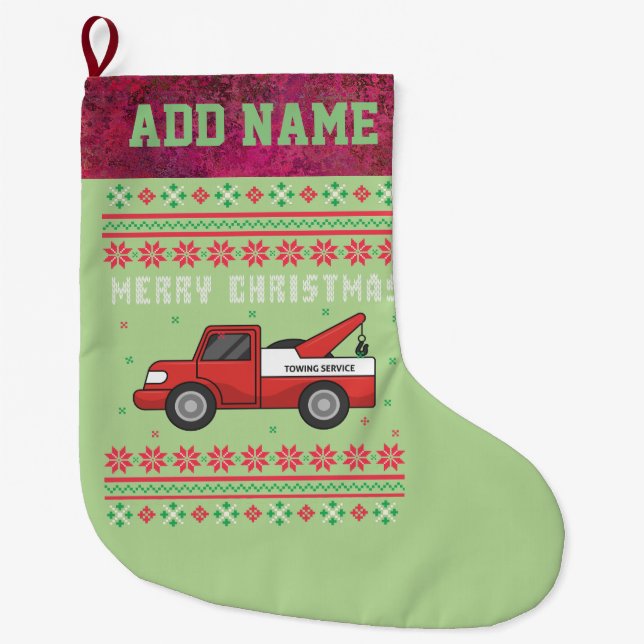 Tow Truck Ugly Christmas Sweater Large Christmas Stocking (Front)