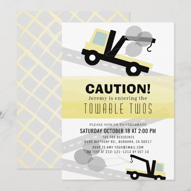 Towable Twos Wrecker 2nd Birthday Invitation (Front/Back)