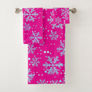 Towel Set, Bright Fuchsia Snowflakes