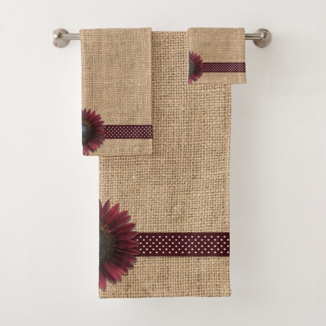 Towel Set - Burlap and Bordeaux Sunflower (Insitu)
