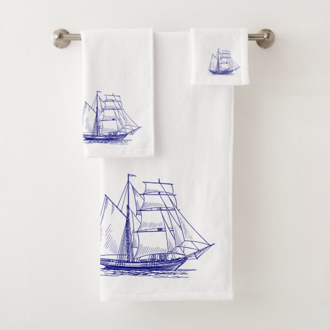 towel set chic nautical blue sailing ship  (Insitu)