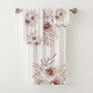 Towel Set Neutral Browns Floral Vert. White Stripe