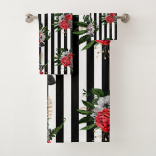 Towel Set Red Grey Floral Black Vert. Stripes