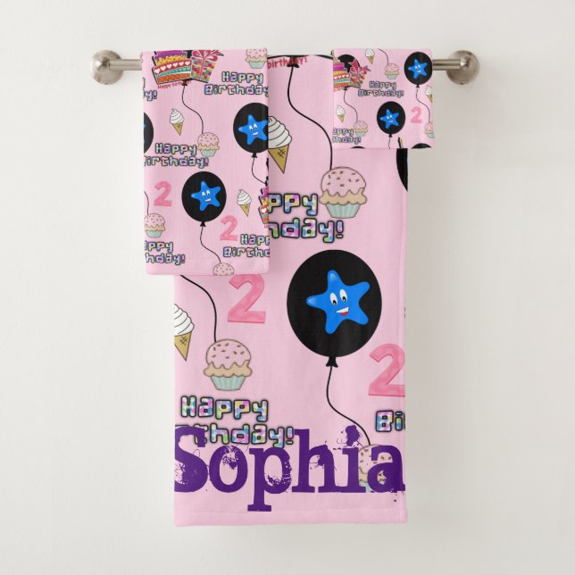 Towel Sets, #2nd  Happy 2nd Birthday Pink (Insitu)