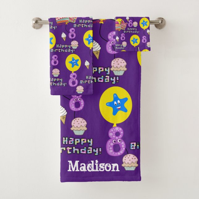 Towel Sets, #8 Happy 8th Birthday Purple (Insitu)