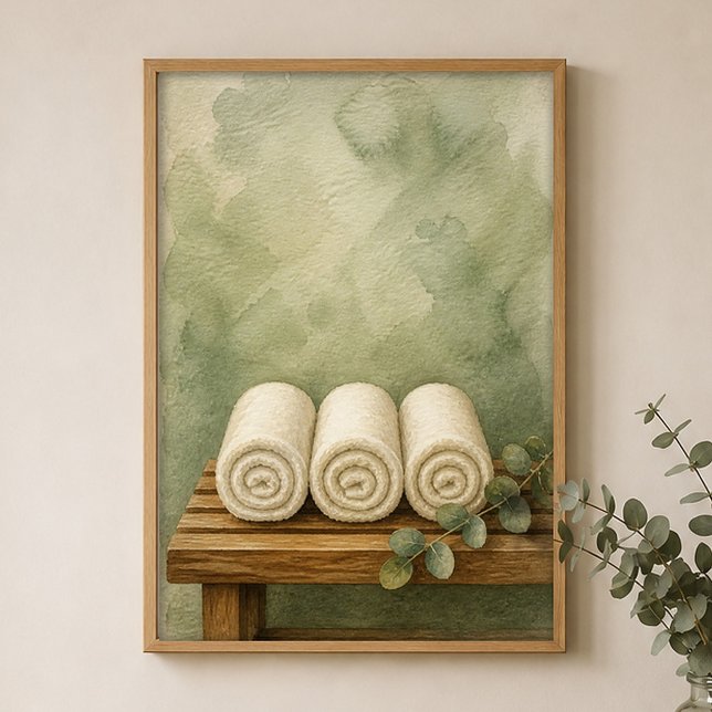 Towels on a Teak Bench Watercolour Poster (Shown framed for scale. Poster ships unframed; frames are an optional add-on.)