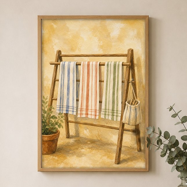Towels on the Drying Rack Watercolour Poster (Shown framed for scale. Poster ships unframed; frames are an optional add-on.)