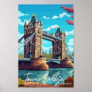 Tower Bridge England vintage travel illustration Poster