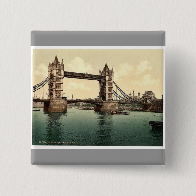 Tower Bridge, III. (open), London, England rare Ph 2 Inch Square Button (Front)