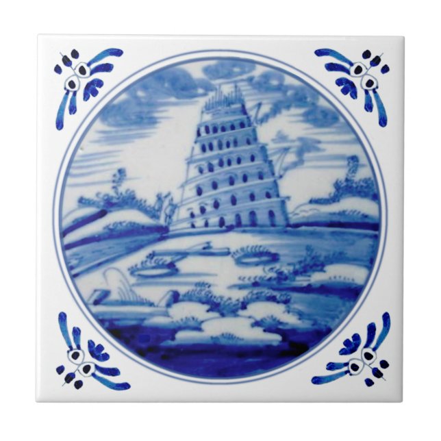 Tower of Babel Blue White Delft 19th Century Repro Tile (Front)