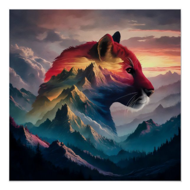 Towering Mountain Silhouette Puma Sunset Poster (Front)