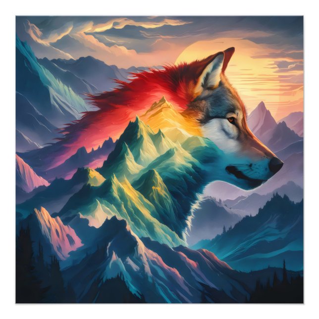 Towering Mountain Silhouette Wolf Sunset Photo Print (Front)