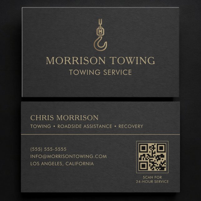 Towing Service Black Gold QR Code Business Card (Creator Uploaded)