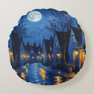 Town at night with lights and lanterns round pillow