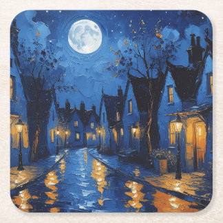 Town at night with lights and lanterns square paper coaster