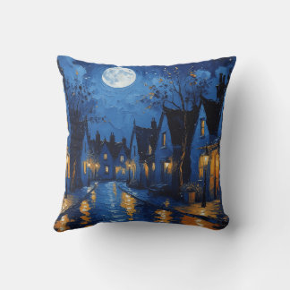 Town at night with lights and lanterns throw pillow