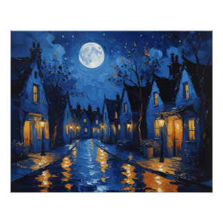 Town at night with lights poster