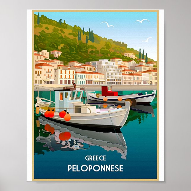 Town Beach Vintage Grèce Affiches de voyage (Devant)