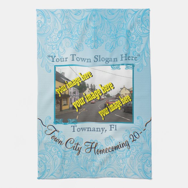 Town City Homecoming Aquamarine Commemorative Kitchen Towel (Vertical)