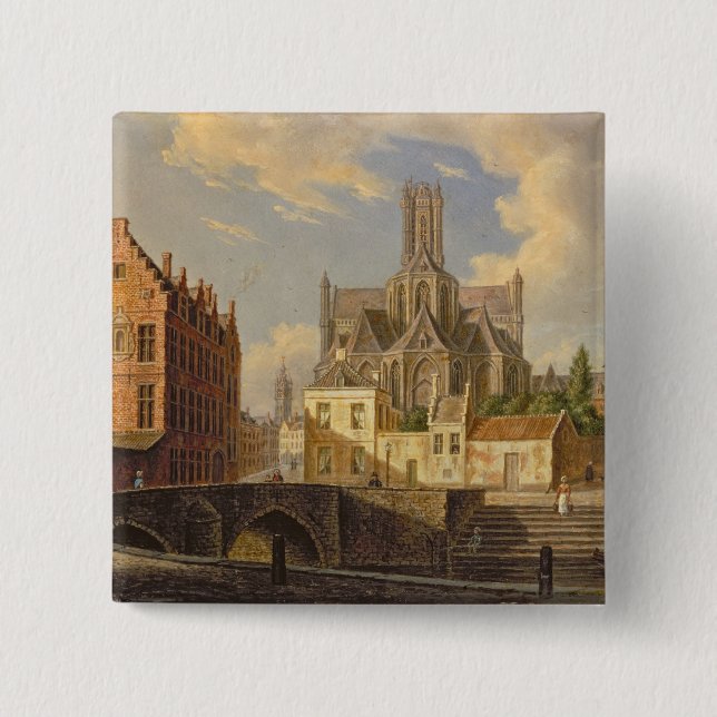 Town View with Figure fishing in a Canal 2 Inch Square Button (Front)