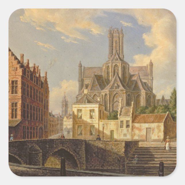 Town View with Figure fishing in a Canal Square Sticker (Front)