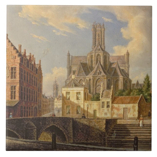 Town View with Figure fishing in a Canal Tile (Front)