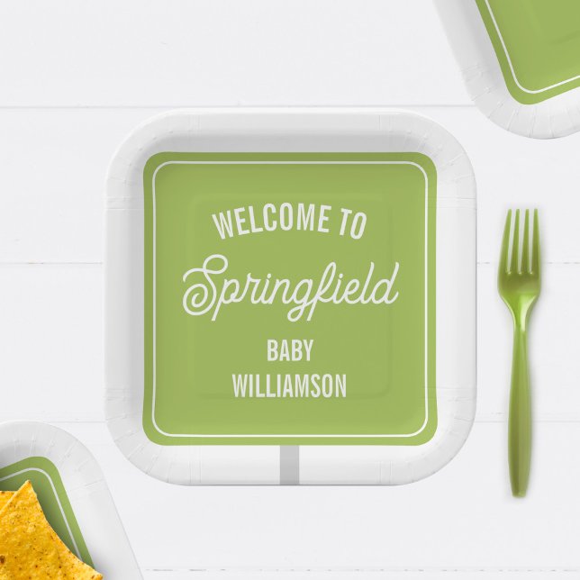Town Welcome Sign Green Baby Shower Paper Plate (Creator Uploaded)