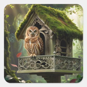 Towny owl and house square sticker