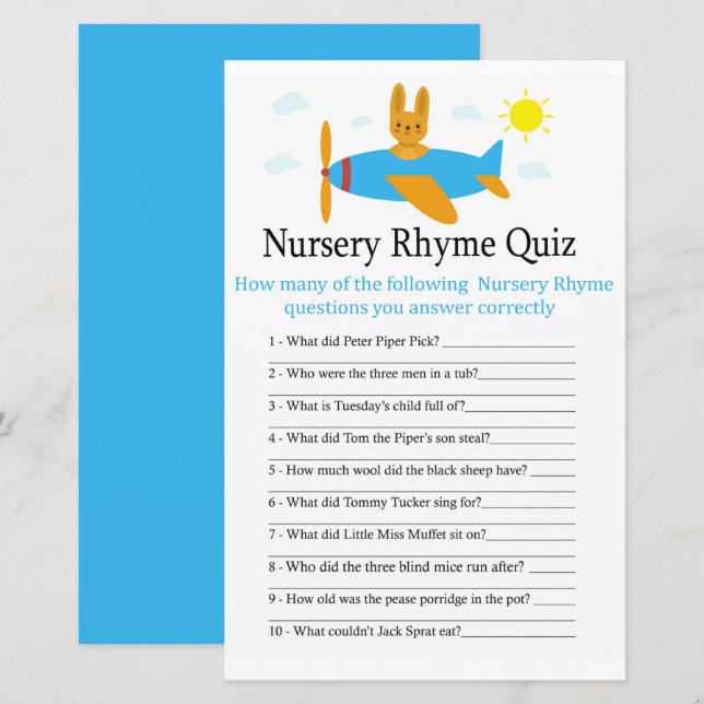 Toy aircraft Nursery Rhyme Quiz baby shower game (Front/Back)