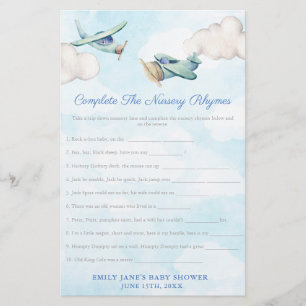 Toy Airplane Nursery Rhymes Baby Shower Game Card