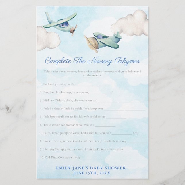 Toy Airplane Nursery Rhymes Baby Shower Game Card (Front)
