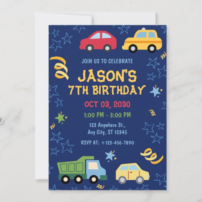 Toy Cars Blue Birthday Party Invitation (Front)