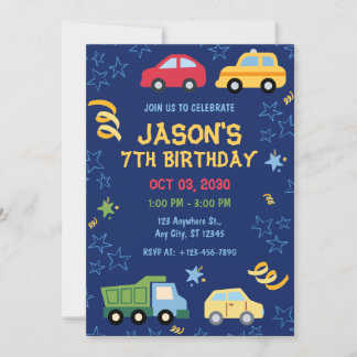 Toy Cars Blue Birthday Party Invitation