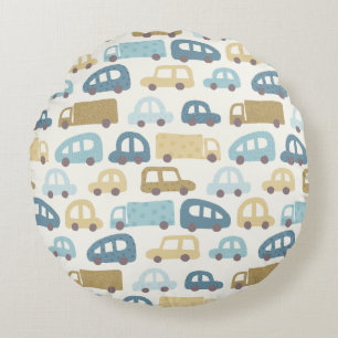 Toy Cars & Trucks   Dusty Blue Beig Round Pillow