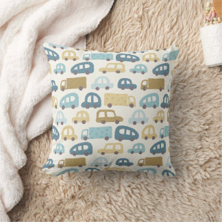 Toy Cars & Trucks | Dusty Blue Beige Nursery Throw Pillow