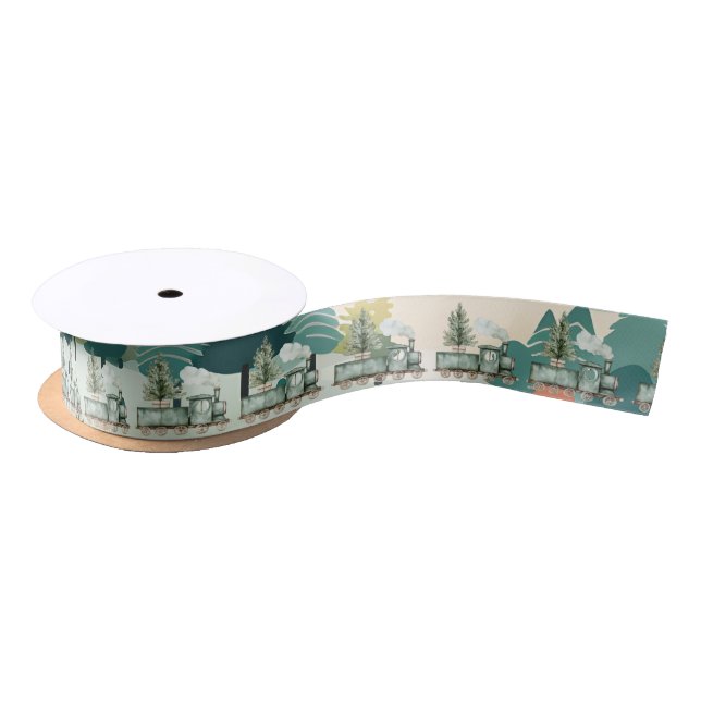  Toy Christmas Locomotive On Christmas Landscape Satin Ribbon (Spool)