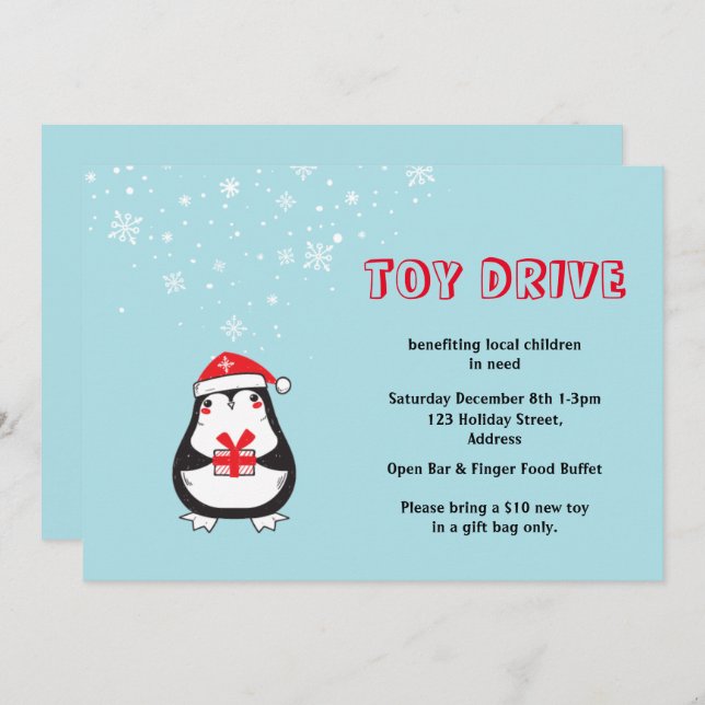 Toy Drive Cute Santa Penguin Invitation (Front/Back)