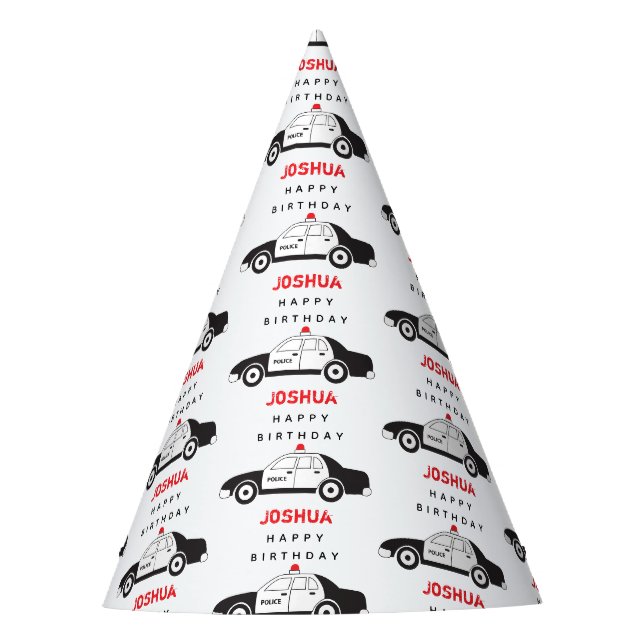 Toy Police Car Custom Name Kids Birthday Party Hat (Front)