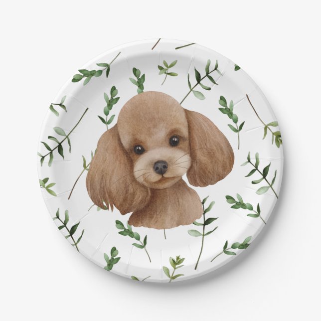 Toy Poodle Greenery Boho Baby Shower Paper Plates (Front)