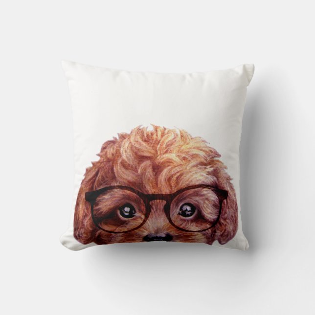 Toy poodle reddish brown with glasses throw pillow (Front)