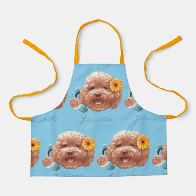 Toy Poodle with Flower and Phone Illustration Apron (Front)