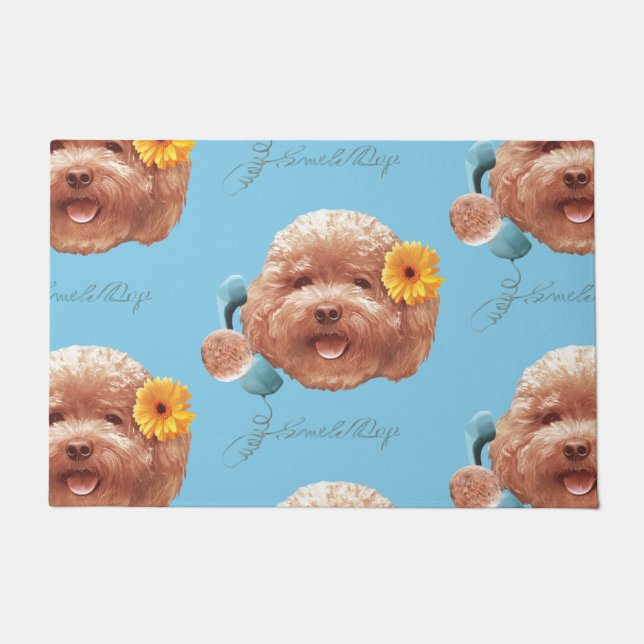 Toy Poodle with Flower and Phone Illustration Doormat (Front)
